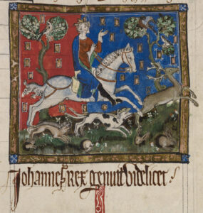  King John hunting a stag with hounds.